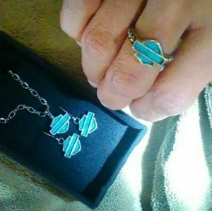 3 pc. Silver n turquoise Harley Davidson jewelry